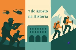 Ilustração de três momentos históricos: soldados em ação na Guerra do Vietnã, fachada do Tribunal Superior do Trabalho e montanhistas escalando o Monte Branco.