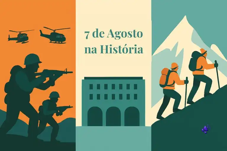 Ilustração de três momentos históricos: soldados em ação na Guerra do Vietnã, fachada do Tribunal Superior do Trabalho e montanhistas escalando o Monte Branco.