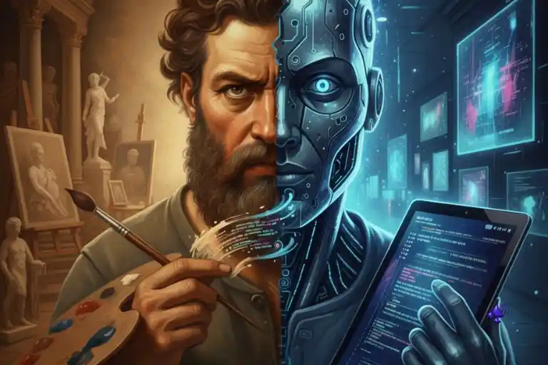 Estudio de Arte Digital, com rosto masculino; metade humano, metade Robô. Ao fundo imagens de arte Rradicional e do outro Arte Digital.
