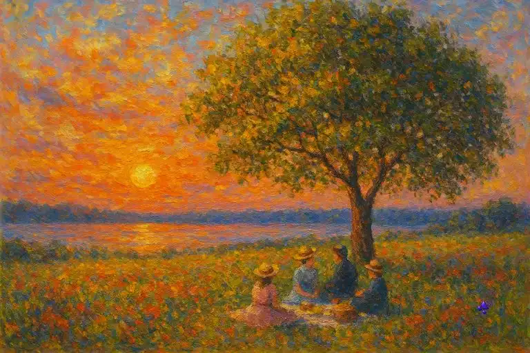 Pintura de paisagem Impressionista, por de sol e lago ao fundo e uma grande Árvore em primeiro plano com pessoas sob a árvore em Pic-Nic, no campo.