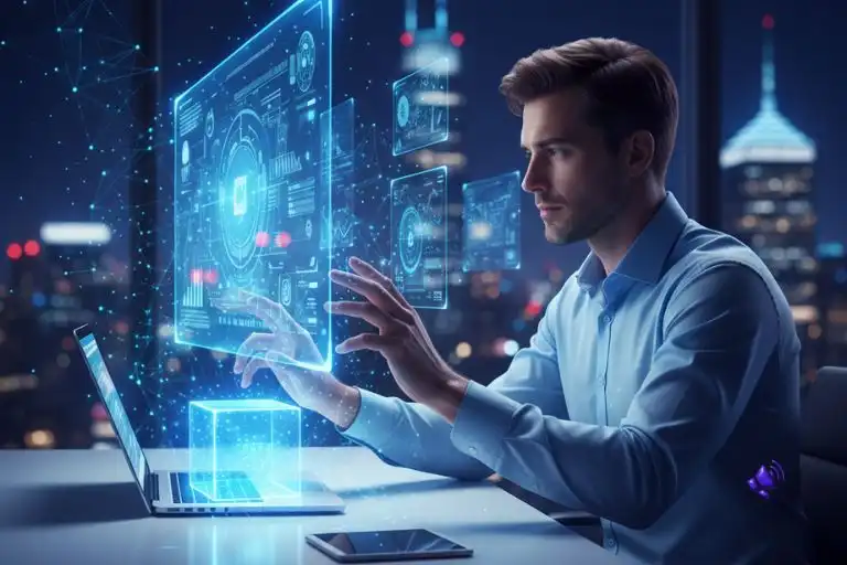 Imagem de um homem interagindo com a tecnologia IA Generativa